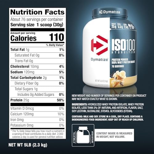 Dymatize ISO 100 Whey Protein Powder with 25g of Hydrolyzed 100% Whey Isolate, Vanilla 5 Pound, Package may vary