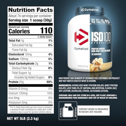 Dymatize ISO 100 Whey Protein Powder with 25g of Hydrolyzed 100% Whey Isolate, Vanilla 5 Pound, Package may vary