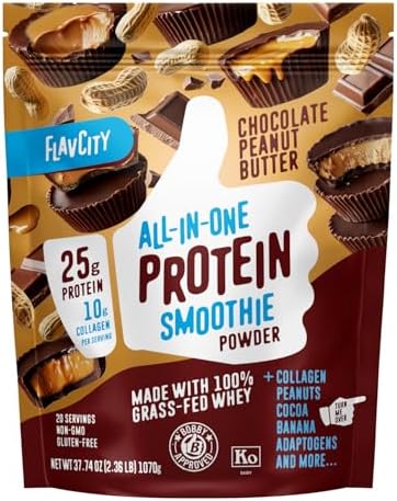 FlavCity Grass Fed Whey Chocolate Protein Powder - Chocolate Peanut Butter - 25g Protein & 10g Collagen - Made with Organic Cocoa & Coconut Milk - Gluten Free & No Added Sugars (20 Servings)