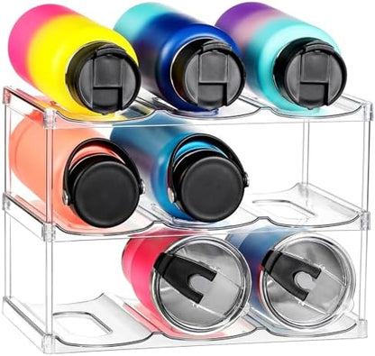 LARGER Compartment - Stackable Water Bottle Organizer Holder - for Stanley & Others' Large Tumbler - Clear Wine Rack, Cup Bottle Holder for Cabinet Home Countertop Fridge Pantry Shelf, 3 Tier Hold 9