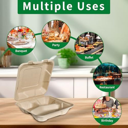 Aricsen Compostable 100 Pack 8x8 Inch 3 Compartment Takeout Lunch Box Containers with Lid To Go Take Out Clamshell for Food, Disposable Eco-Friendly Biodegradable Bagasse, PFAS-Free, Unbleached Brown