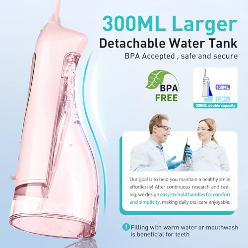 COSLUS Water Dental Flosser Teeth Pick: Portable Cordless Oral Irrigator 300ML Rechargeable Travel Irrigation Cleaner IPX7 Waterproof Electric Flossing Machine for Teeth Cleaning C20(F5020E) Pink