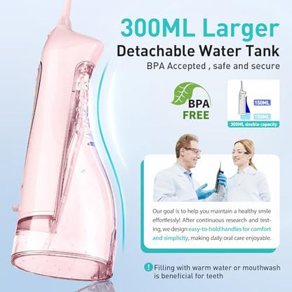 COSLUS Water Dental Flosser Teeth Pick: Portable Cordless Oral Irrigator 300ML Rechargeable Travel Irrigation Cleaner IPX7 Waterproof Electric Flossing Machine for Teeth Cleaning C20(F5020E) Pink