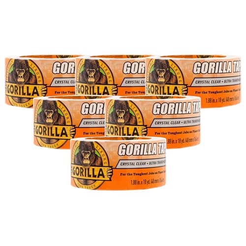 Gorilla Crystal Clear Tape, 1.88” x 18 yd (Pack of 6) - Weather Resistant for Indoor or Outdoor Projects and Repairs