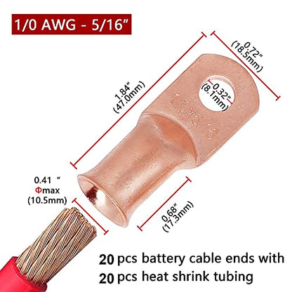 TKDMR 20pcs 1/0 AWG-5/16 Battery Lugs,Heavy Duty Wire Lugs,Ring Terminals,Battery Cable Ends,0 Guage terminals,Battery Terminal Connectors with 20pcs 3:1 Heat Shrink Tubing