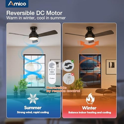 Amico Ceiling Fans with Lights, 42 inch Low Profile Ceiling Fan with Light and Remote Control, Flush Mount, Reversible, 3CCT, Dimmable, Noiseless, Black Ceiling Fan for Bedroom, Indoor/Outdoor Use