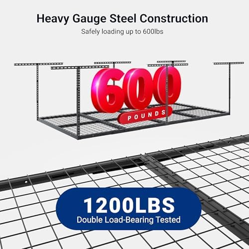 FLEXIMOUNTS 4x8 Overhead Garage Storage Rack, Adjustable Garage Storage Organization Systerm, Heavy Duty Metal Garage Ceiling Storage Racks, 600lbs Weight Capacity, Black