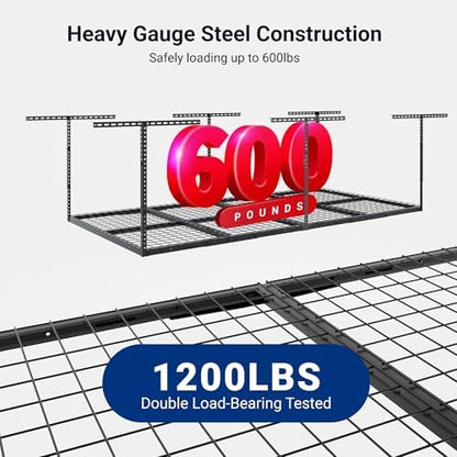 FLEXIMOUNTS 4x8 Overhead Garage Storage Rack, Adjustable Garage Storage Organization Systerm, Heavy Duty Metal Garage Ceiling Storage Racks, 600lbs Weight Capacity, Black