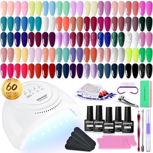 JODSONE Gel Nail Polish Kit 60 PCS with U V Light Soak off Base Top Coat 55 Shine Colors Gel Nail Kit Bright and Dark Brown Wine Red Series Manicure Set for Women and Girls