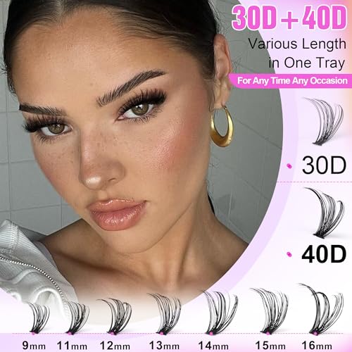 Pawotence Lash Extension Kit DIY 280pcs Individual Lash Clusters Kit 30D 40D Cluster Eyelash Extensions Kit with Lash Bond and Seal, Lash Remover, Lash Tweezers for Self Use (30D&40D, 9-16mm, All Kit)