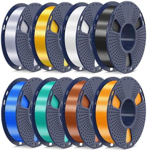 SUNLU 3D Printer Filament Bundle, PLA+ Silk Filament Multicolor 1.75mm, Individually Vacuum Packed, 250G Spool, 8 Rolls, 2kg in Total, Black+White+Light Gold+Silver+Brass+Red Copper+Blue+Green