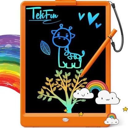 TEKFUN Toys for Girls Boys 10IN LCD Writing Tablet, Magic Doodle Board with Anti-Lost Stylus, Mess Free Coloring for Toddlers Drawing Pad, Toddler Travel Car Plane Trip Toys Gifts (Orange)