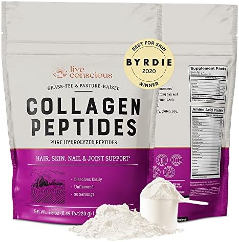 Live Conscious Collagen Powder Hydrolyzed Collagen Peptides Type I & III - Keto & Paleo Friendly - Unflavored - 20 Servings, 7.8 oz