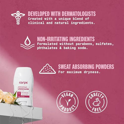 Carpe Underarm Antiperspirant and Deodorant, Clinical strength with Rose Water scent, Combat excessive sweating Stay fresh and dry, Great for hyperhidrosis
