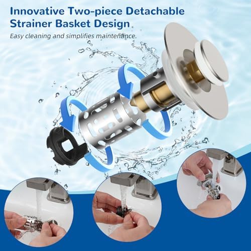 Hibbent Upgraded 3 in 1 Bathroom Sink Drain Strainer, Universal Pop Up Stopper with Removable Stainless Steel Filter Basket Hair Catcher, Sink Plug for 1.1''~2.36'' Basin, Brass Core, Brushed Nickel