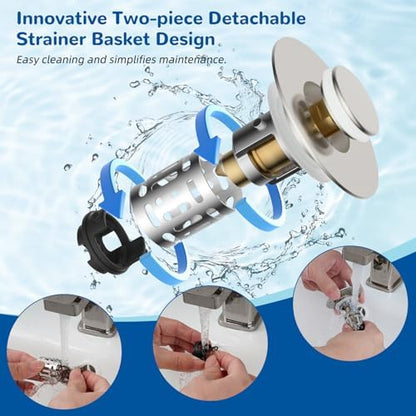 Hibbent Upgraded 3 in 1 Bathroom Sink Drain Strainer, Universal Pop Up Stopper with Removable Stainless Steel Filter Basket Hair Catcher, Sink Plug for 1.1''~2.36'' Basin, Brass Core, Brushed Nickel