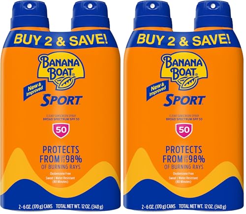 Banana Boat Sport Ultra SPF 50 Sunscreen Spray Twin Pack | Banana Boat Sunscreen Spray SPF 50, Spray On Sunscreen, Water Resistant Sunscreen, Oxybenzone Free Sunscreen Pack, 6oz each (Pack of 2)