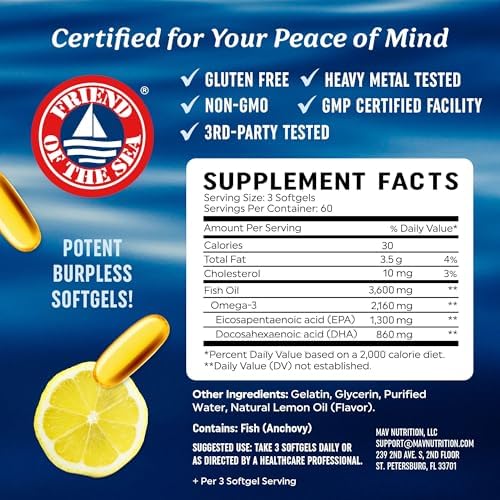 Triple Strength Omega 3 Fish Oil 3600 mg | EPA & DHA | Over 2100mg Omega-3 Fatty Acids | 1300mg EPA + 860mg DHA | Best Essential Fatty Acids | Premium Wild Caught & Burpless Fish Oil | 180 Ct