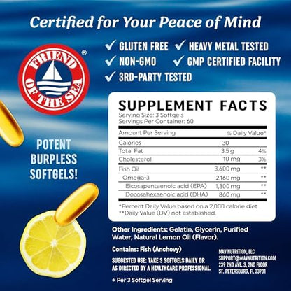 Triple Strength Omega 3 Fish Oil 3600 mg | EPA & DHA | Over 2100mg Omega-3 Fatty Acids | 1300mg EPA + 860mg DHA | Best Essential Fatty Acids | Premium Wild Caught & Burpless Fish Oil | 180 Ct