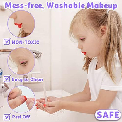 Hollyhi 58 Pcs Kids Makeup Kit for Girl, Princess Toys Real Washable Cosmetic Set with Mirror, Kids Makeup Sets for Girls, Play Make Up Birthday Gifts for 3 4 5 6 7 8 9 10 11 12 Years Old Kid(Purple)