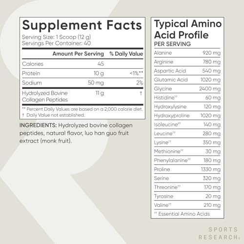 Sports Research Collagen Peptides - Hydrolyzed Type 1 & 3 Collagen Powder Protein Supplement for Healthy Skin, Nails, & Joints - Easy Mixing Vital Nutrients & Proteins, Collagen for Women & Men