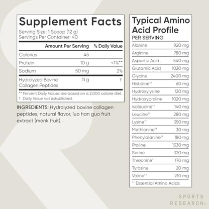 Sports Research Collagen Peptides - Hydrolyzed Type 1 & 3 Collagen Powder Protein Supplement for Healthy Skin, Nails, & Joints - Easy Mixing Vital Nutrients & Proteins, Collagen for Women & Men