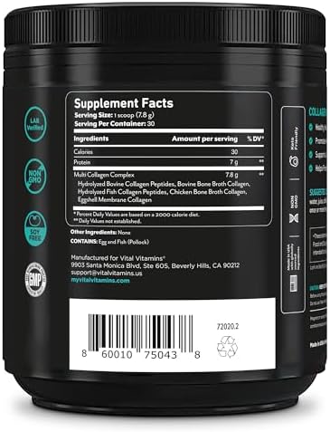 Vital Vitamins Multi Collagen Peptides Powder - Unflavored, Easy to Dissolve - Type I, II, III, V, X - for Women & Men - Promotes Hair, Skin, Nails, & Joint Health - 30 Servings