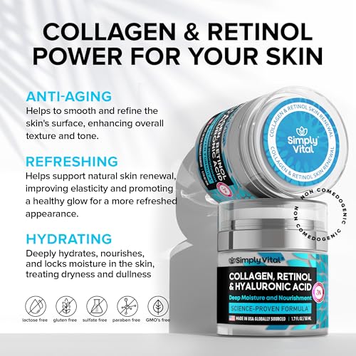 SimplyVital Collagen, Retinol & Hyaluronic Acid Cream - Anti-Aging Face Moisturizer for Face, Firming Skin Care Neck & Décolleté - Made in USA, Daily Moisturizer Face Cream Day & Night - 1.7 fl.oz.