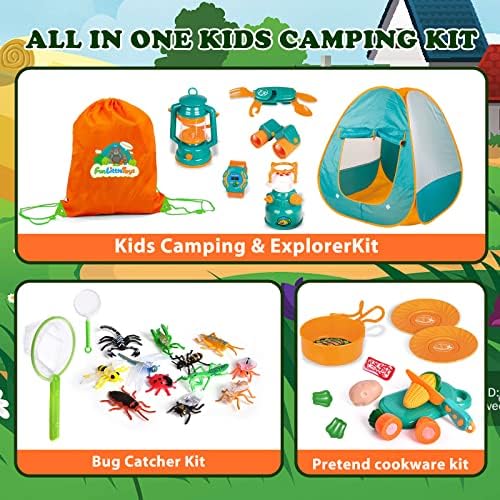 FUN LITTLE TOYS Kids Camping Set with Pop Up Play Tent Camping Toys with Battery Lantern and Drawstring Bag Indoor Outdoor Pretend Play, Christmas Birthday Gifts for Boys