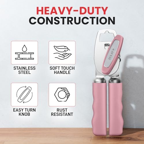 Zulay Kitchen Heavy Duty Stainless Steel Can Opener Manual with Bottle Opener - Rust Proof Manual Can Opener With Turn Knob & Soft Grip Handles