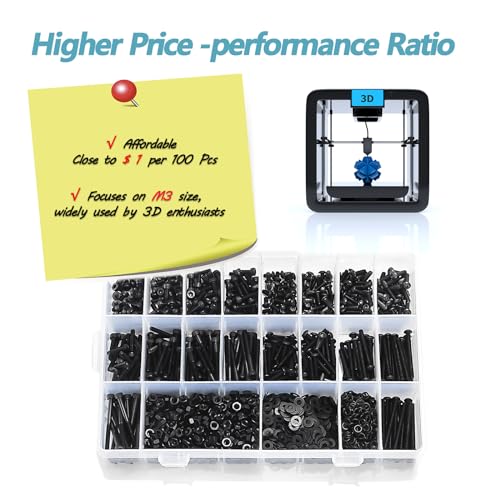 Kadrick Metric Screws Assortment,2240 Pcs M3 Screws Nuts Washers Assortment M3x4MM-35MM, Hex Socket Button & Cap Head M3 Machine Bolts Kit, 12.9 & 10.9 Grade Black Alloy Steel for 3D Printing