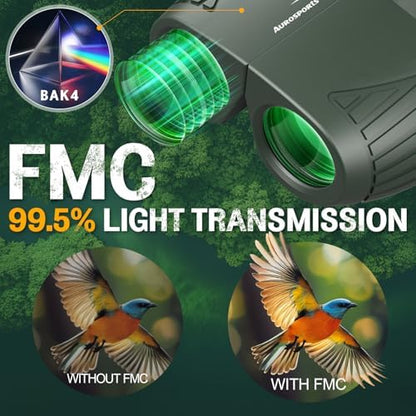 Aurosports 15x25 Compact Binoculars for Adult Kids - High Power Binoculars for Bird Watching - Easy Focus Small Binocular with Low Light Vision for Travel, Camping, Concert, Hiking -Green