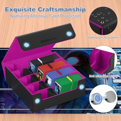 Mlikero Card Deck Case, 2400+ Trading Card Storage Box with 10 Colorful Dividers and 4 Foam Stoppers, Leather Magnetic Closure Commander Deck Box Fit for MTG, TCG (4 Rows, Black&Purple)