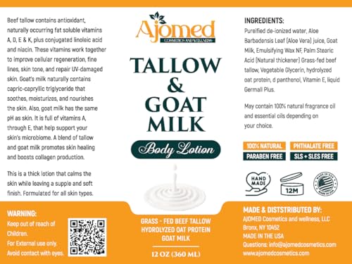 Grass Fed Beef Tallow & Goat Milk Body Lotion for Sensitive Skin, Organic Tallow moisturizer- Soothes Dry Patches, Goat Milk Moisturizer - Handmade Tallow Body Lotion (Oatmeal & Honey, 12 Oz)