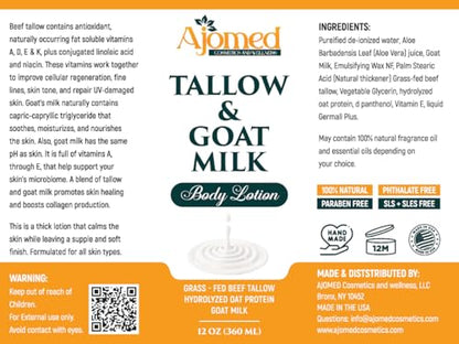 Grass Fed Beef Tallow & Goat Milk Body Lotion for Sensitive Skin, Organic Tallow moisturizer- Soothes Dry Patches, Goat Milk Moisturizer - Handmade Tallow Body Lotion (Oatmeal & Honey, 12 Oz)
