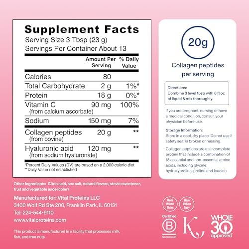 Vital Proteins Collagen Peptides Advanced, Hydrolyzed Peptides with Hyaluronic Acid and Vitamin C - Strawberry Lemon Flavor Powder, 10.5oz