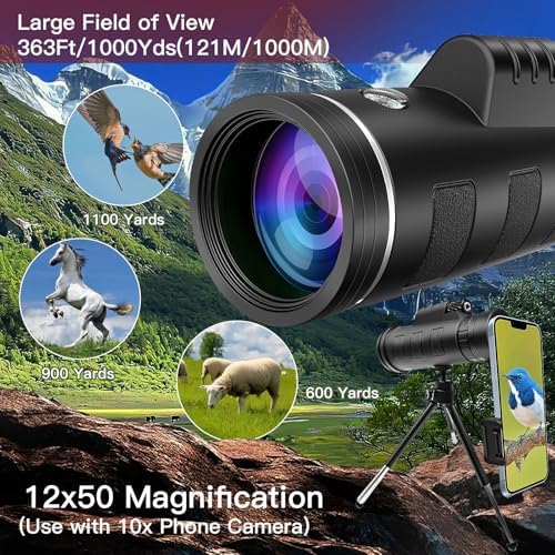 Monocular Telescope for Adults,12x50 HD Large Vision Monoculars with Smartphone Adapter Tripod,High Powered Monocular for Bird Watching Hunting Hiking Camping Wildlife,BAK4 Prism FMC Lens,Waterproof