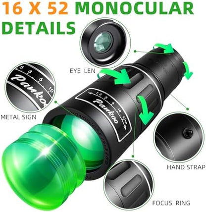 Pankoo 16X52 Monocular Telescope, 2025 High Power Prism Compact Monoculars for Adults Kids, HD Monocular Scope for Bird Watching Hiking Concert Travelling, D-Black