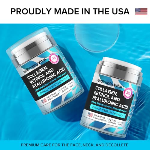 SimplyVital Collagen, Retinol & Hyaluronic Acid Cream - Anti-Aging Retinol Cream for Face, Neck & Décolleté - Made in USA - Daily Moisturizer Face Cream - 3.38 fl oz