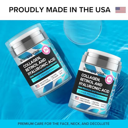 SimplyVital Collagen, Retinol & Hyaluronic Acid Cream - Anti-Aging Retinol Cream for Face, Neck & Décolleté - Made in USA - Daily Moisturizer Face Cream - 3.38 fl oz