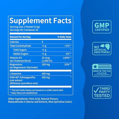 Supercalm Powdered Drink Mix, Blue Coconut, L Theanine, Ksm-66 Ashwagandha, Magnesium Glycinate, Vitamin D 3, Supplements for Relaxation & Focus, No Sugar, Non GMO, On The Go, 20 Srvgs