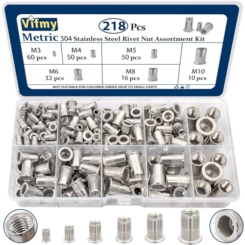 Metric 304 Stainless Steel Rivet Nut Assortment Kit(218 Pcs),M3 M4 M5 M6 M8 M10 Flat Head Rivnut Set,Rivnut Threaded Insert Nut