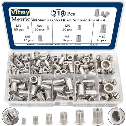 Metric 304 Stainless Steel Rivet Nut Assortment Kit(218 Pcs),M3 M4 M5 M6 M8 M10 Flat Head Rivnut Set,Rivnut Threaded Insert Nut