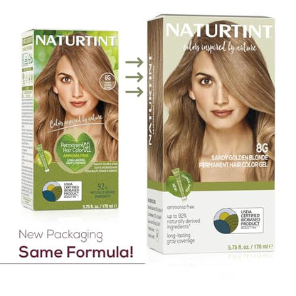 Naturtint 8G Sandy Golden Blonde Permanent Hair Color (Pack of 6), Ammonia Free, Vegan, Cruelty Free, up to 100% Gray Coverage, Long Lasting Results (Packaging may vary)