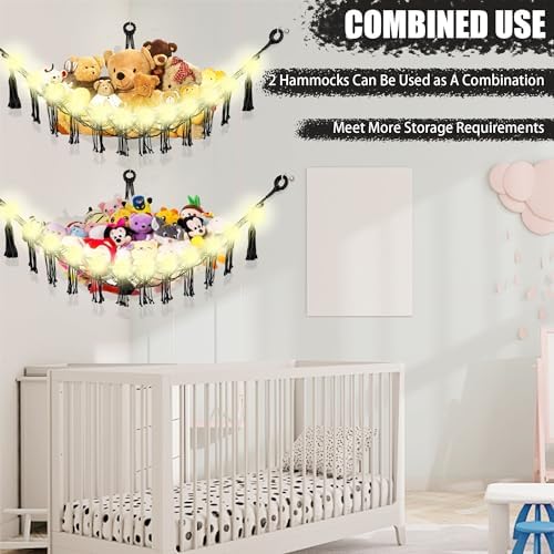 Stuffed Animal Hammock with LED Light, 2 Pack Toy Hammock for Stuffed Animals Storage for Kids, Stuffed Animal Hammock Corner, Black