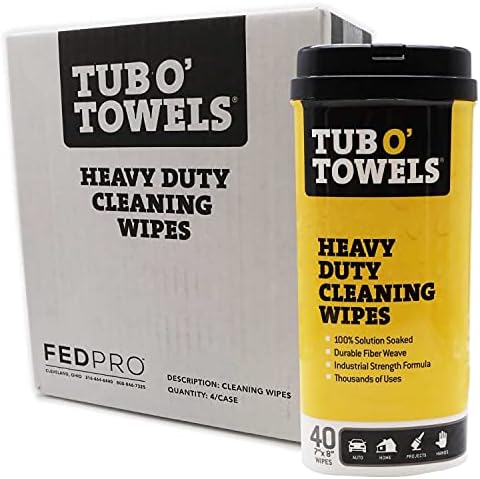 Tub O' Towels Heavy-Duty Multi-Surface Cleaning Wipes, 7" x 8", 40 Count Canister, Removes Grease, Grime, Tough Stains, Durable Disposable White Wipes for Home, Garage, Outdoor Cleaning Tasks, 4-Pack