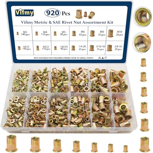 Metric & SAE Rivet Nut Assortment Kit(920 Pcs), M3 M4 M5 M6 M8 M10#6-32#8-32#10-24 1/4"-20 5/16"-18 3/8"-16 UNC Flat Head Rivnut Set, Zinc Plated Finish Carbon Steel Nutsert