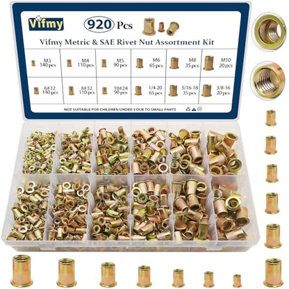 Metric & SAE Rivet Nut Assortment Kit(920 Pcs), M3 M4 M5 M6 M8 M10#6-32#8-32#10-24 1/4"-20 5/16"-18 3/8"-16 UNC Flat Head Rivnut Set, Zinc Plated Finish Carbon Steel Nutsert