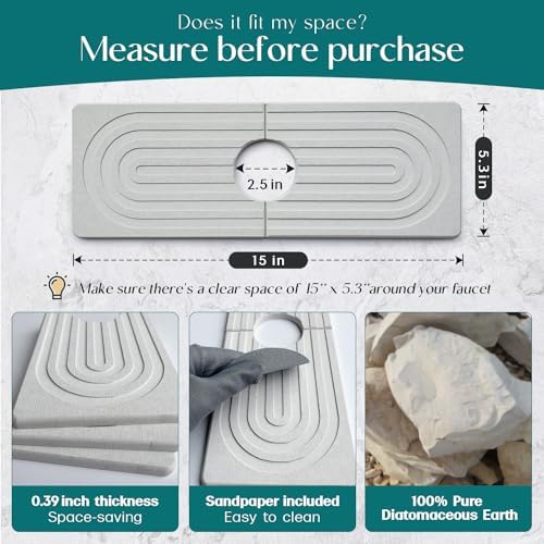 Faucet Mat for Kitchen Sink - Wider Diatomite Fast Drying Stone Sink Tray, Super Absorbent, Prevents Moisture Buildup - Faucet Splash Guard for Bathroom Counter [Light Grey, 15x5.3inch]