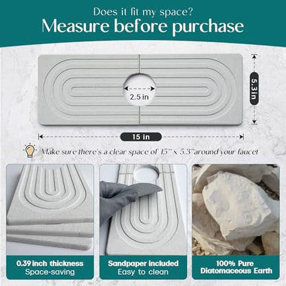 Faucet Mat for Kitchen Sink - Wider Diatomite Fast Drying Stone Sink Tray, Super Absorbent, Prevents Moisture Buildup - Faucet Splash Guard for Bathroom Counter [Light Grey, 15x5.3inch]